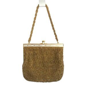 Vintage Gold Bead Satin Evening Bag Purse Kiss Lock Art Deco Handmade Hong Kong